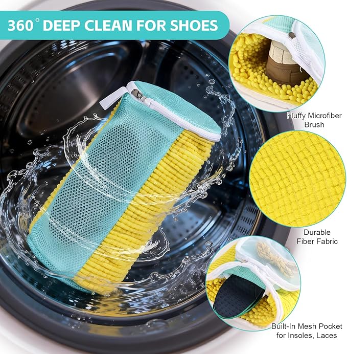Shoe Washing Machine Bag Reusable Sneaker Washing Bag with Built-in Fluffy Brushes for 360° All-Around Cleaning. Laundry Shoe Bag is Designed for Washer and Dryer （Yellow 4pcs Pro）