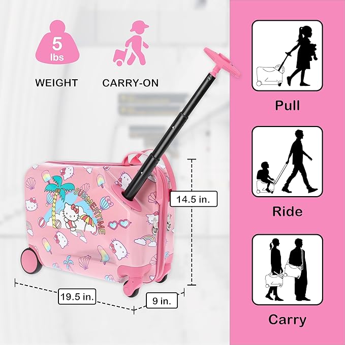 FUL Hello Kitty 19 Inch Carry On Luggage, Kids Ride On Suitcase with Spinner Wheels, Hardshell Rolling Travel Trolley, Pink