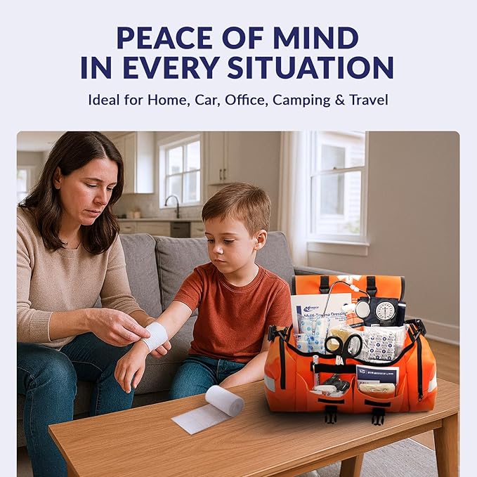 MFASCO Complete Emergency Response First Aid Kit Trauma Bag - 415 Piece Fully Stocked Supplies for Disaster Preparedness | For Business, Schools, Organizations, Groups, Home Safety (Reflective Orange)