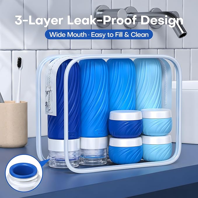 Travel Bottles for Toiletries 8 Pack: TSA Approved 3oz Leak Proof Containers - Silicone Squeezable Bottles for Shampoo Lotion - Travel Essentials for Women Men with Clear Bag