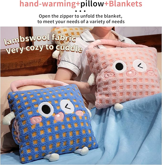 Plush Warm Hand Pillow with 67 * 59 Inch Compact Travel Blanket Warm Lambswool Pillow Portable 3 in 1 Combo Nap Pillow Blanket Plush Throw Pillow for Home Office（Blue 15inch）