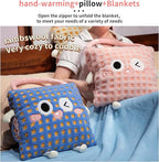 Plush Warm Hand Pillow with 67 * 59 Inch Compact Travel Blanket Warm Lambswool Pillow Portable 3 in 1 Combo Nap Pillow Blanket Plush Throw Pillow for Home Office（Blue 15inch）