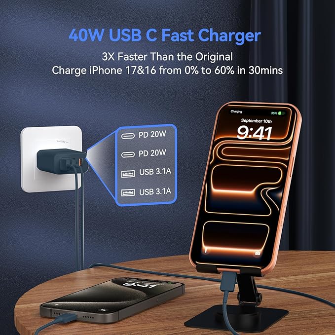 USB C Wall Fast Charger Block, 40W 4-Port Type C Charger Fast Charging Blocks PD Power Charger Adapter+QC 3.0 USB Multiport Charger Brick for Phone 17/16/15/14/13/12 Pro Max, Pad, GalaxyS25-Navy Blue