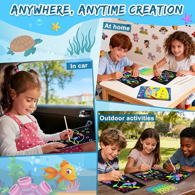ZMLM Scratch Paper Art-Crafts Gift: 2 Pack Rainbow Notebooks Supplies Toys for 3 4 5 6 7 8 9 10 Years Old Girls and Boys Kids Christmas Birthday Party Games Ocean