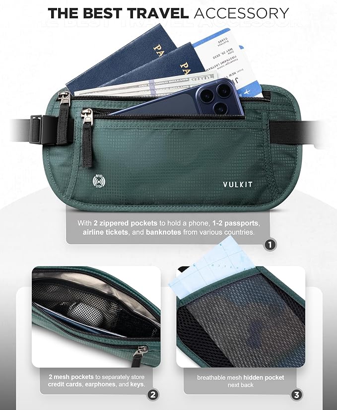 VULKIT Money Belt for Travel, Hidden Passport Holder, Anti-Theft Travel Wallet Under Clothes, RFID Blocking Waist Pouch, Undercover Fanny Pack, Deep Teal