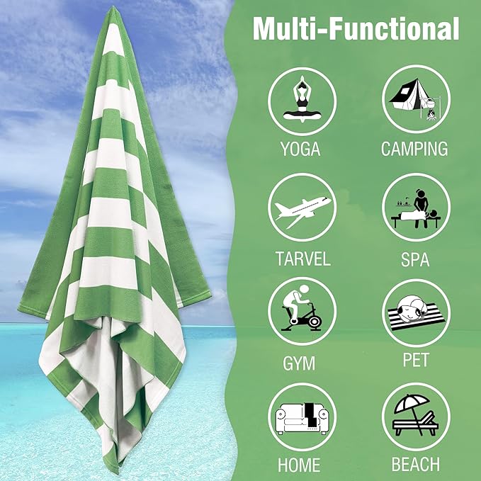 HENBAY Large Oversized Beach Towel - 35 x 70 Inch Microfiber Pool Towel, Green Striped Quick Dry Cabana Swim Towel