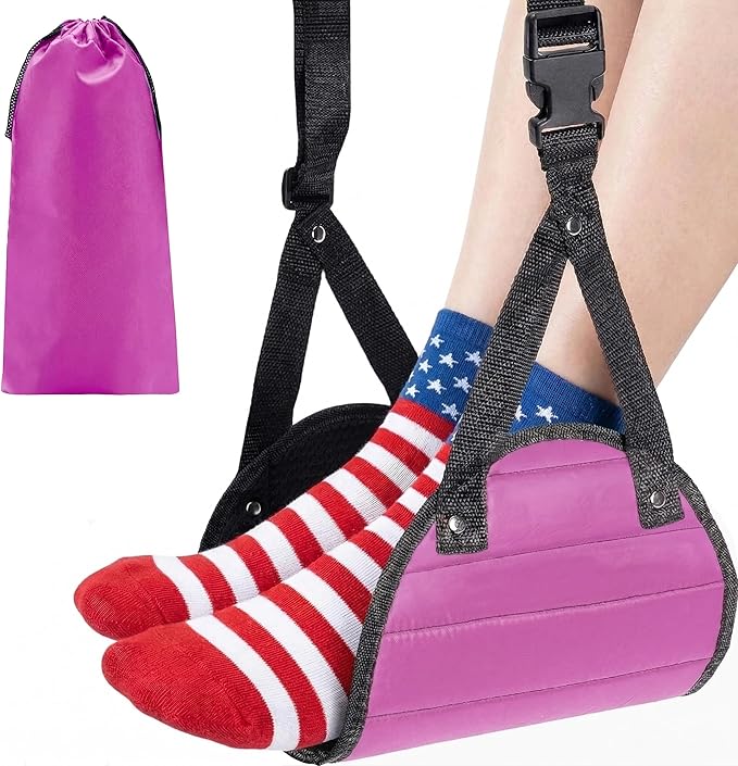Airplane Footrest Hammock, Adjustable Foot Rest for Long Flights - Travel Must-Haves and Travel Essentials,Portable Airplane Gadgets for Flying Comfort(Rose Red,1 Pack)