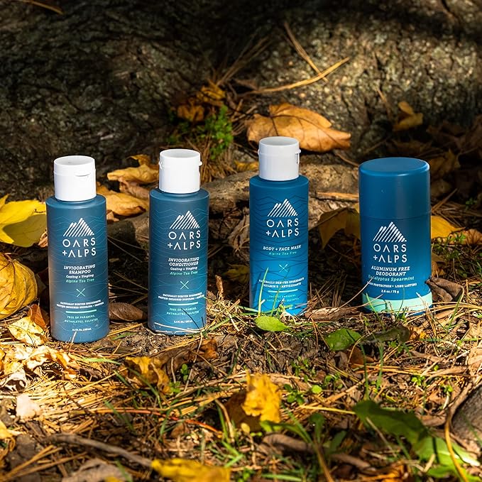 Oars + Alps Hair and Body Travel Kit for Men, Includes Sulfate Free Shampoo, Conditioner, Body Wash, Deodorant, and Reusable Pouch, TSA Friendly, Alpine Tea Tree Scent