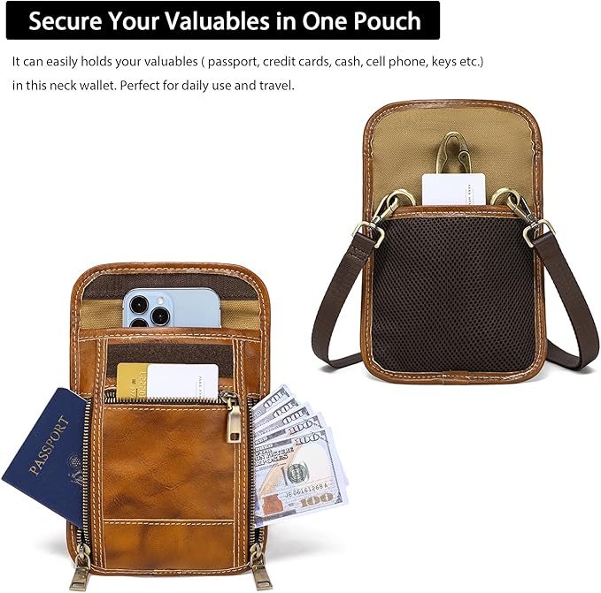 LANNSYNE Full Grain Leather Travel Wallet, Leather Cell Phone Belt Bag, Waist Pack Pouch, Neck Wallet Travel Pouch and Passport Holder for Men and Women Keep Valuables Safe