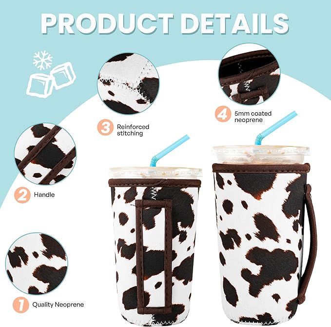 KJQJLY 3 Pack Reusable Iced Coffee Sleeves for Iced Coffee Cups or Drinks Reusable Neoprene Insulated Sleeves for Hot and Cold Drinks from Starbucks, Dunkin, And More (Brown cow)