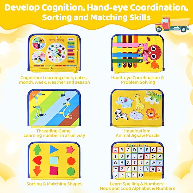 Esjay Toddler Busy Board Montessori Toys for Boys Girls, Sensory Book Educational Activities for Learning Fine Motor Skills, Birthday Gifts for Toddlers, Travel Toys for Airplane Car, Yellow Truck