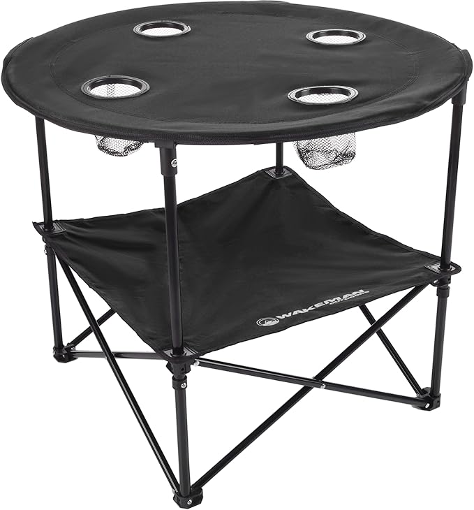 Camping Table - 2-Tier Folding Table with 4 Cupholders and Carry Bag for Picnic, Tailgate, Beach, or Camp - Camping Gear by Wakeman Outdoors (Black)