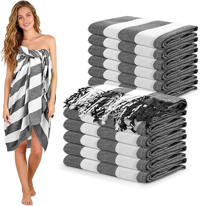 12 Pack Turkish Beach Towel 36"x71" Extra Large Beach Towels Sand Free Bath Towels Adults Lightweight Quick Dry Pool Towels Black