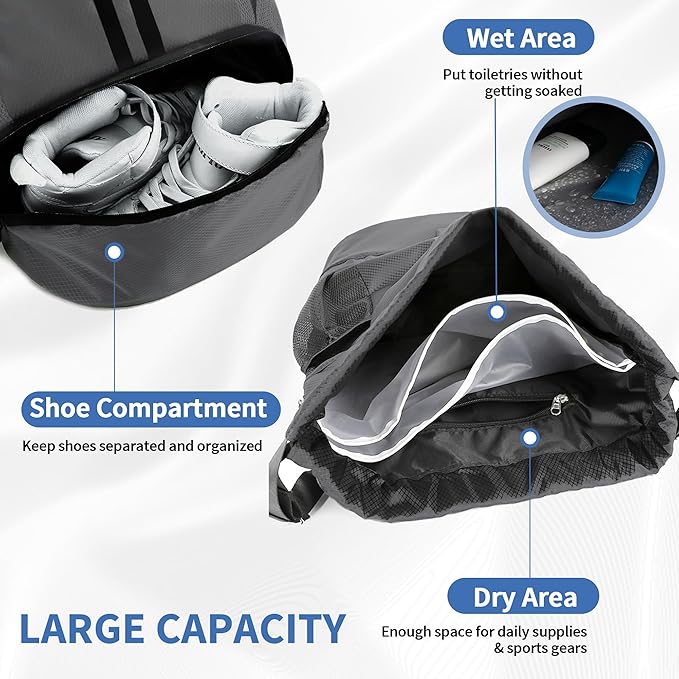JELUTAR Drawstring Backpack Gym Bag with Shoes Compartment for Soccer, Basketball, Swim, Water-Resistant String Backpack Beach Cinch for Women Men, Dark Grey