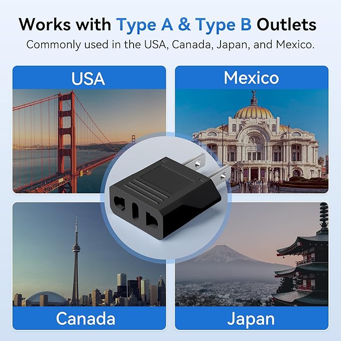 Unidapt US Canada Mexico Travel Plug Adapter, European to US Plug Adapter, Universal Outlet Adapters, 2-Pack EU to US Adaptor, Europe to USA, Type A Pin Converter, Black