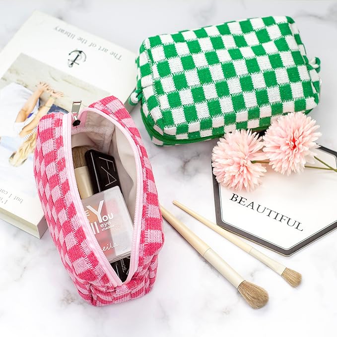 PAZIMIIK Checkered Makeup Bag for Purse Portable Zipper Make Up Pouch Small Cosmetic Case for Travel Accessories (6PCS Hotpink)