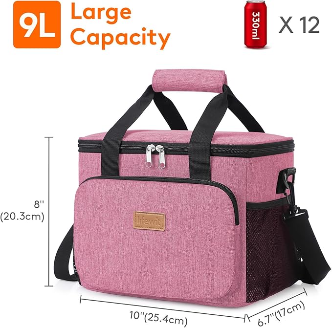Lifewit Medium Lunch Bag, Insulated Lunch Box, Soft Cooler Cooling Tote for Adult Men Women, Pink 12-Can (9L)