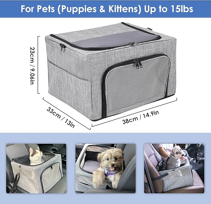 SlowTon Dog Booster Car Seat, Reinforce Metal Frame Safe Pet Car Seat with Seatbelt & Waterproof Pee Pad & Top Cover | Portable Collapsible Puppy Carrier Bag | for Small Medium Dogs Cats up to 15lbs
