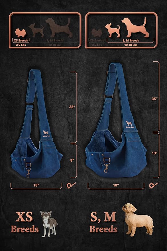 Noah & Paw Dog Sling Carrier for Small Dogs 3-10lb, Dog Sling for Small Dogs and Cats, Dog Carrier with Adjustable Padded Strap, Premium Denim, Lined with Fur, Double Safety Feature, Machine Washable