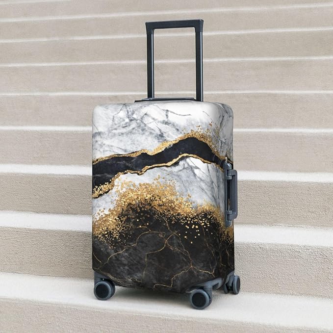 Travel Luggage Cover, White Black Gold Marble Abstract Washable Elastic Baggage Cover Double-sided with Zipper Closure for Wheeled Suitcase Fits 22-24 Inch