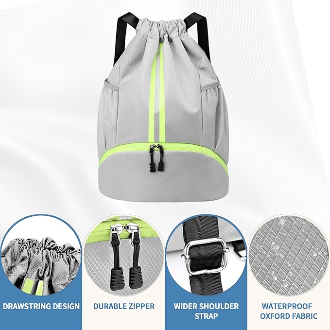 JELUTAR Drawstring Backpack Gym Bag with Shoes Compartment for Soccer, Basketball, Swim, Water-Resistant String Backpack Beach Cinch for Women Men, Grey