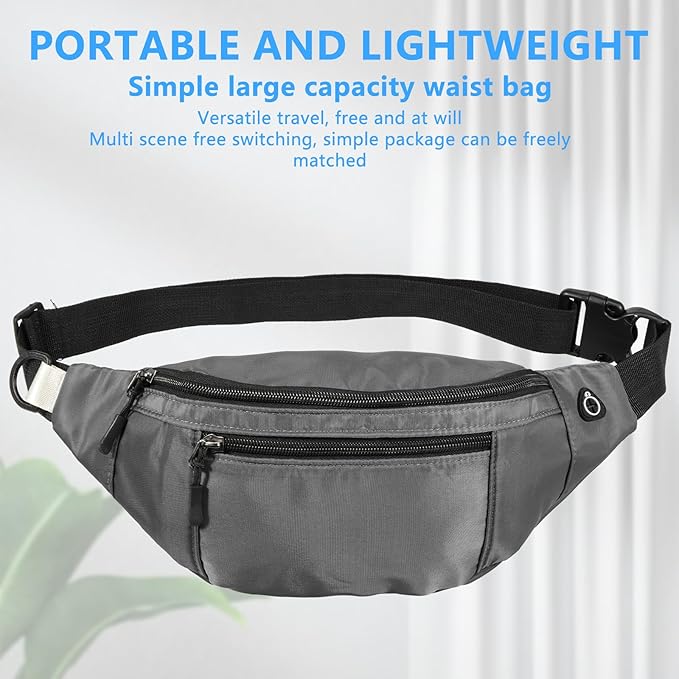 5PCS Crossbody Fanny Pack Bulk,Large Capacity Waist Bag with 4-Zipper Pockets Adjustable Strap Fanny Packs Waterproof Oxford Cloth Travel Belt Bag for Outdoor Shopping Travel Men Women,Gray