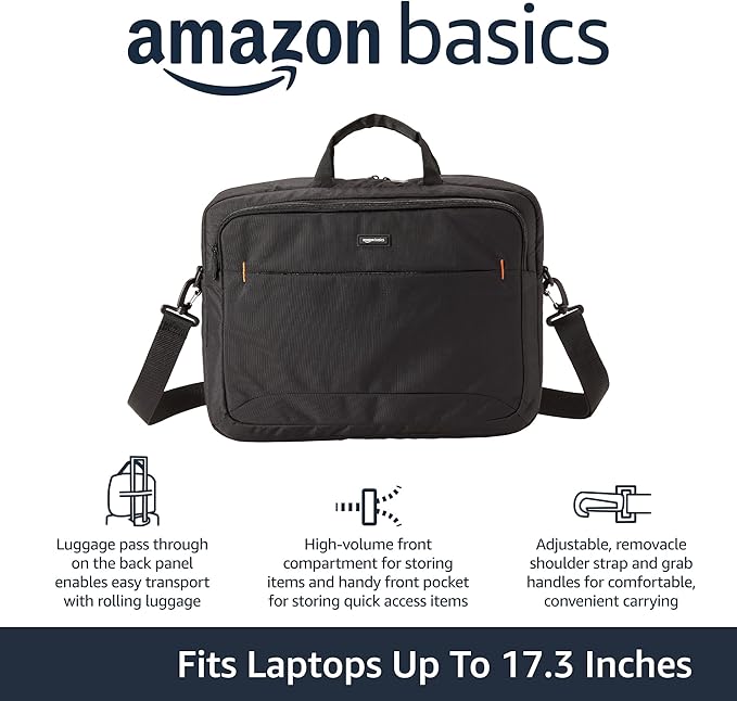 Amazon Basics Laptop Shoulder Bag with Compartments, 17.3-inch, Black, Large Capacity, Fits Dell, HP, ASUS, Lenovo, MacBook Pro and more