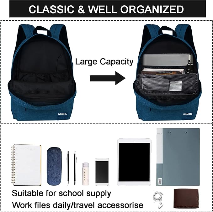 SUPACOOL Casual Laptop Backpack for Men and Women, Backpack for College, USB Charging Port, Lightweight Back Pack