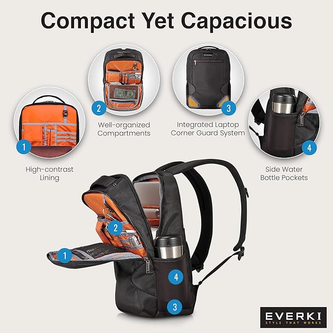 EVERKI Studio Slim Laptop Backpack for Men & Women, Lightweight & Softly Padded With Corner Protection, Trolley Handle, High Contrast Lining, Made of Recycled Materials (14 Liters Capacity)