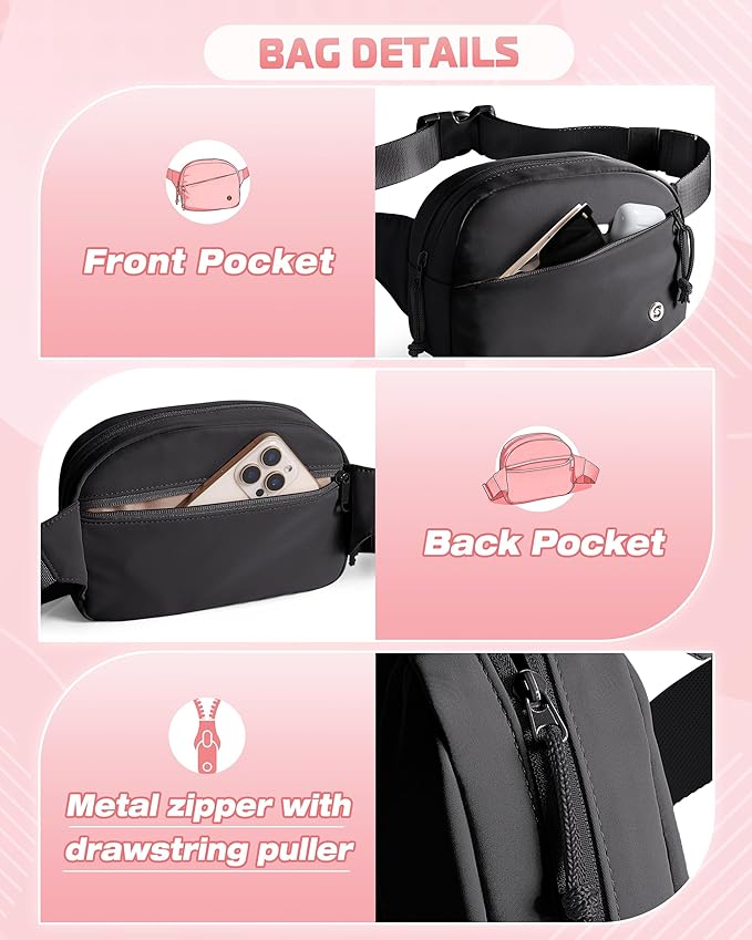 Smasrob Fanny Pack for Women, Crossbody Sling Bag Waist Bag with Multiple Pockets and Adjustable Strap, Black