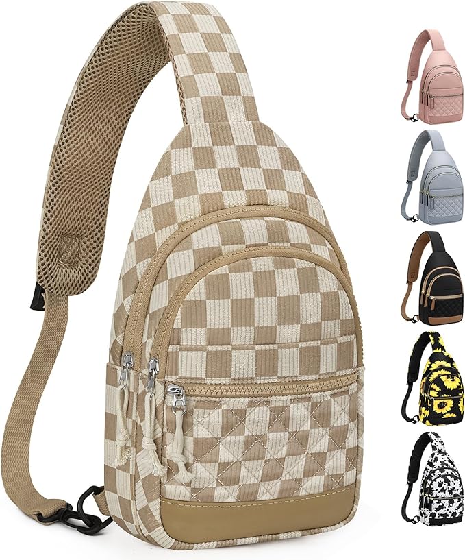 Capolo Sling Bag for Women Men Waterproof Crossbody Bags for Women Trendy Casual Fanny Pack with Convertible Shoulder Strap Chest Bag for Travel Hiking(Khaki Checkerboard, Medium)