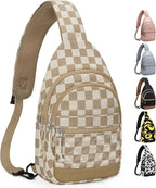 Capolo Sling Bag for Women Men Waterproof Crossbody Bags for Women Trendy Casual Fanny Pack with Convertible Shoulder Strap Chest Bag for Travel Hiking(Khaki Checkerboard, Medium)