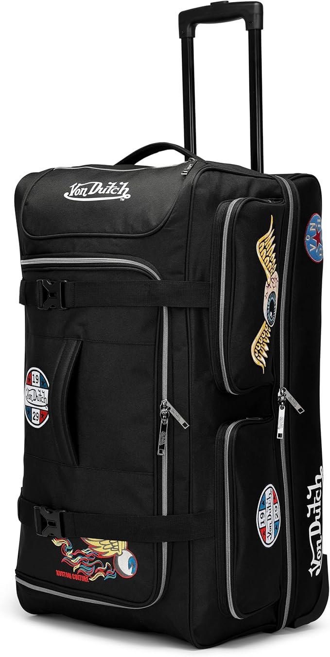 Von Dutch Signature Patch Checked 28-Inch Rolling Duffel with Telescopic Trolley Handle and Inline Skate Wheels