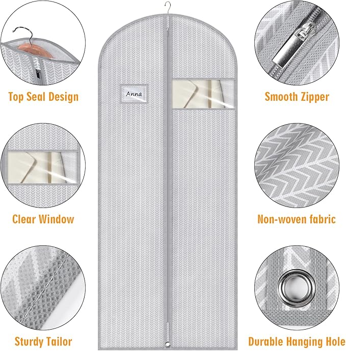 Syeeiex 60'' Dress Bags for Gowns, Set of 4 Garment Bag for Hanging Clothes, Dress Garment Bag, Dustproof and Keep Closet Tidy, Perfect for Suit Evening Dresses Fur Coat Long Dress Gown(Grey Arrow)