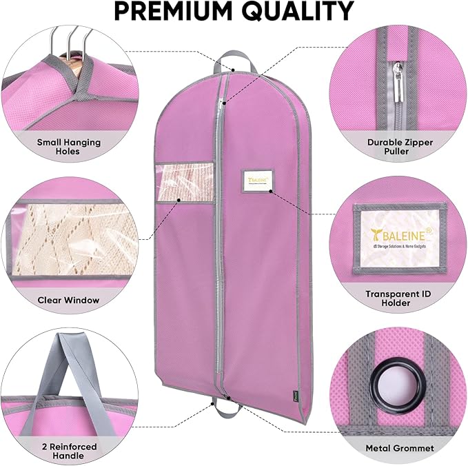 BALEINE 5PK Heavy Duty Garment Bag with Shoe Storage Travel Bag for Dresses, Suit, Coats Travel Essential (43", Pink)