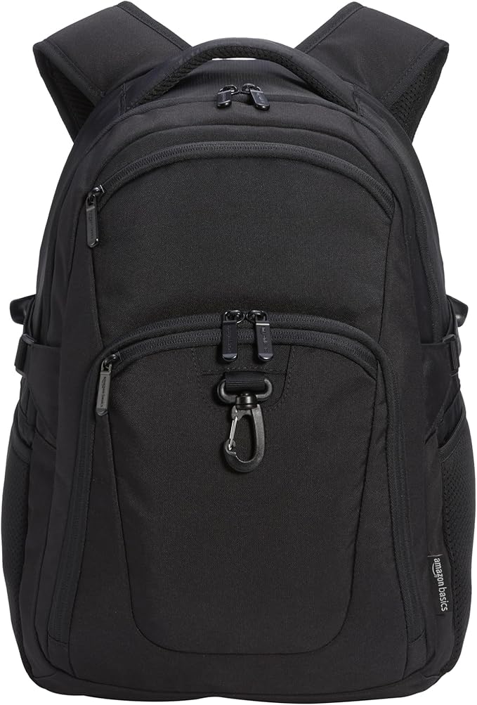 Amazon Basics Travel Laptop Backpack with Multiple Pockets and Compartments for 15.6 inch Laptop, Water Resistant, Spacious with Padded Shoulder Straps, Black | for 15.6 inch Laptop