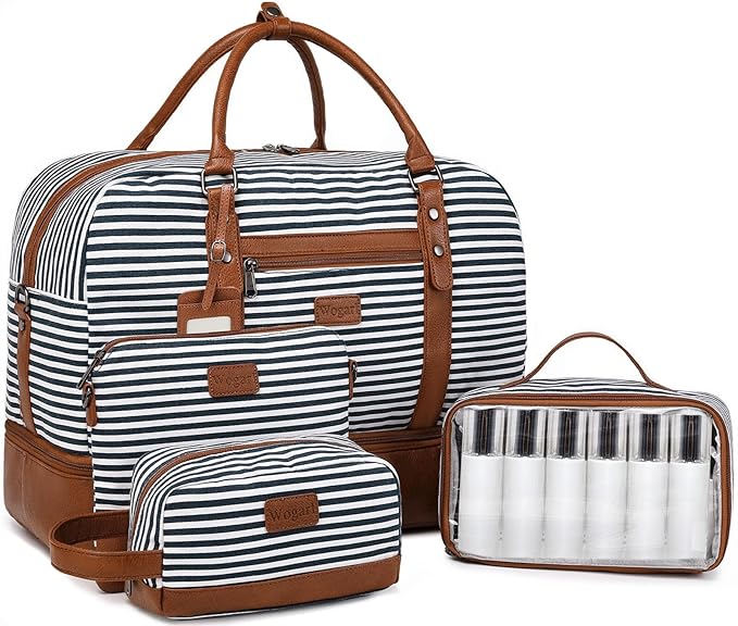 Wogarl 4PCS Weekender Bags for Women Large Overnight Weekend Travel Duffel Carry on Shoulder with Shoe Compartment Canvas Toiletry Bag for Travel Business Gym