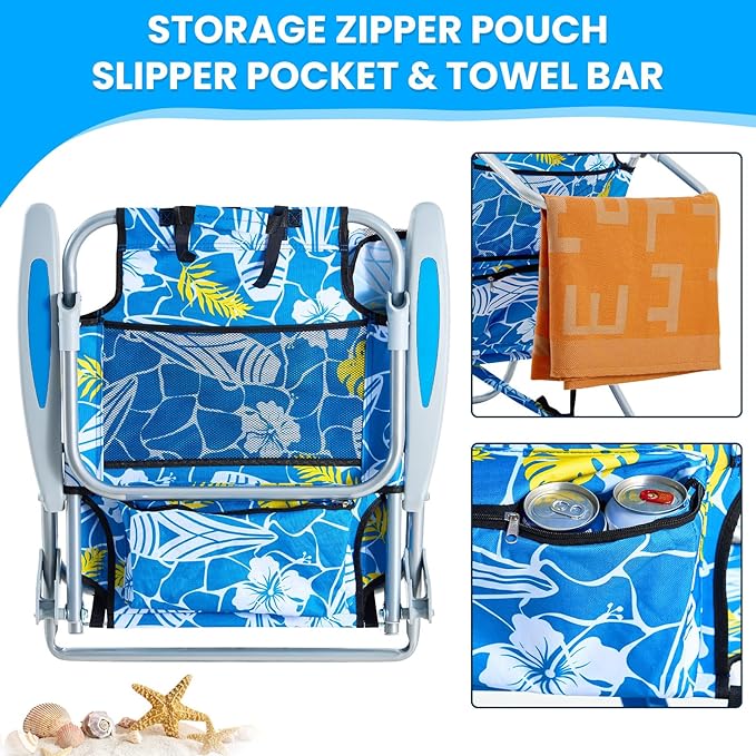 2 Pack Lightweight Portable Camping Beach Chair for Adult, Outdoor Lay Flat Folding Beach Chairs with 5 Positions, Backpack Beach Chair with Towel Bar, Zipper Pouch, Cup Holder, Hawaiian Style