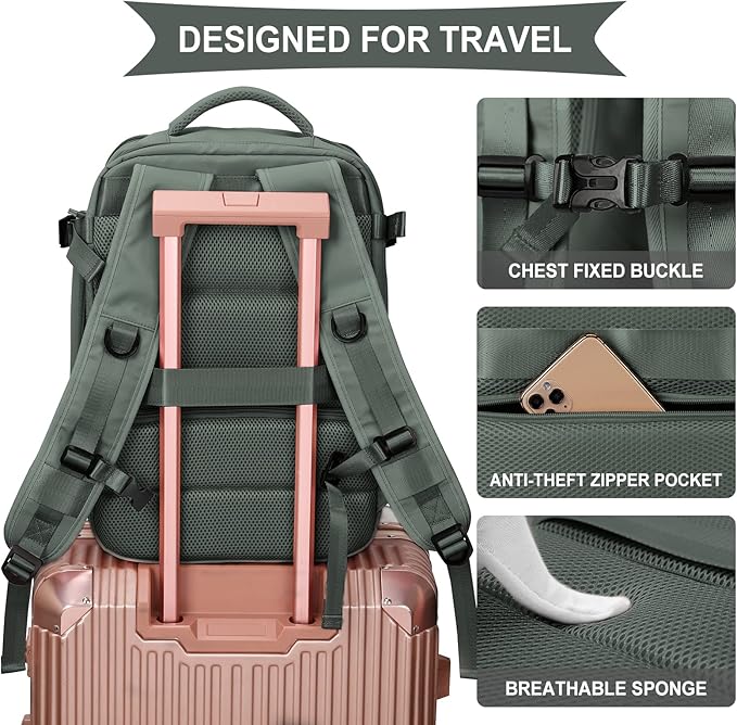 WONHOX Large Travel Backpack Women, Carry On Backpack,Hiking Backpack Waterproof Outdoor Sports Rucksack Casual Daypack with USB Charging Port Shoes Compartment, Dark Green
