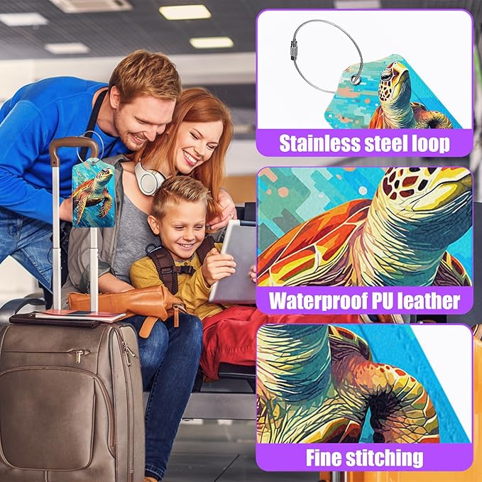 3 Pack Vintage Sea Turtle Luggage Tags for Suitcase PU Leather Travel Luggage Tag Privacy Cover ID Label for Women Men Baggage Backpack Handbag School Bag