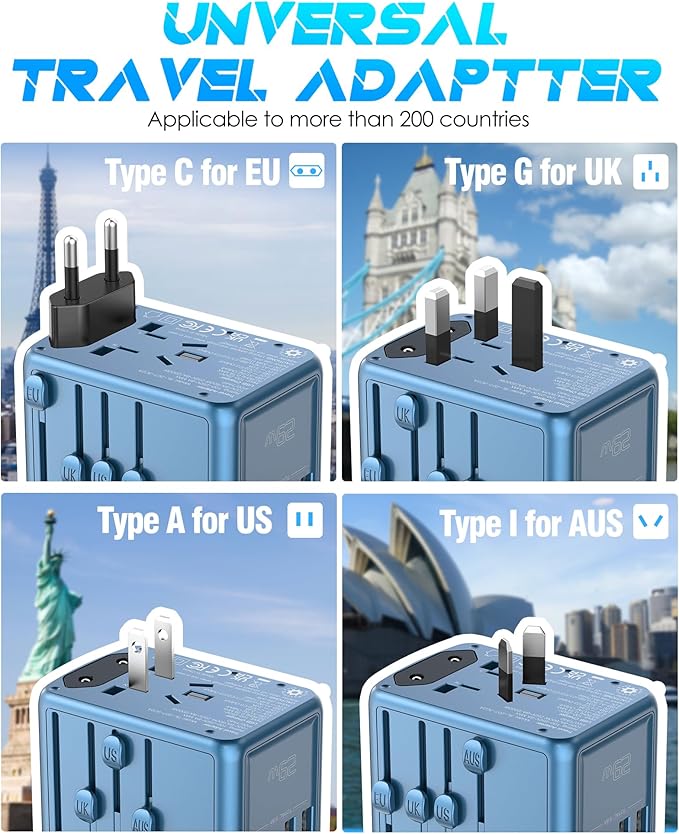 Universal Travel Adapter with 5 USB C/A Ports 30W Fast Charging, 2500W AC Outlet, International Power Adapter for Europe UK Japan, Travel Charger for Phone Laptop, 200+ Countries 10A Safety Fuse