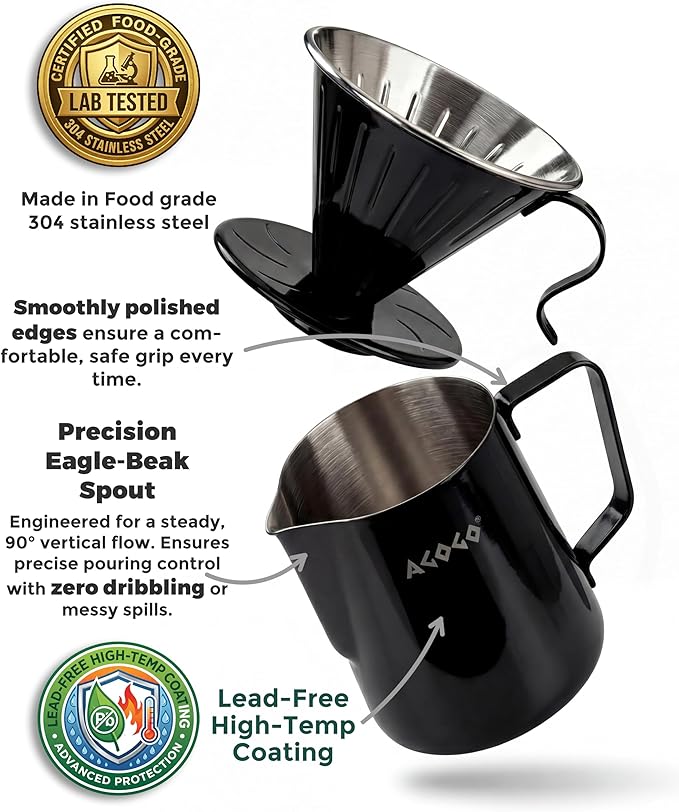 AGOGO Pour Over Coffee Maker Set - Unbreakable 304 Stainless Steel V60 Dripper & Server for Camping & Party, Includes 50 Paper Filters & Barista Towel - Black - 30oz