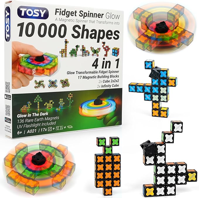 TOSY Magnet Fidget Spinner Glow - 16 Blocks, 3in1 Toy: Transformable Fidget Spinner, Infinity/Puzzle Cube, Easter Basket Stuffers Gift for Kids/Adults, Glowing STEM Sensory Stress Relief