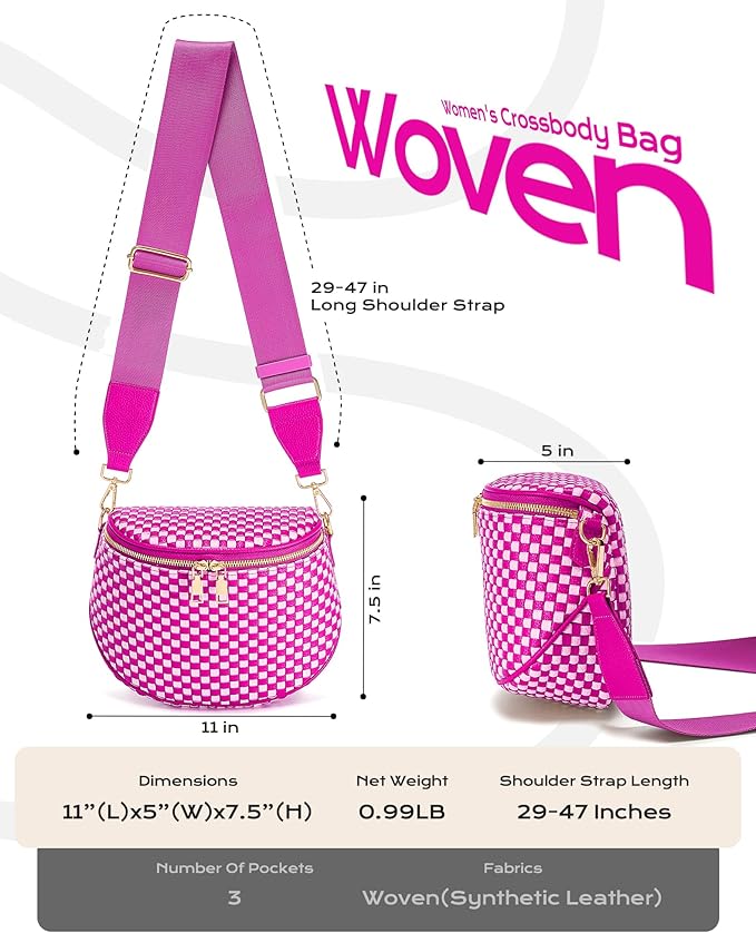 Trendy Woven Checkered Crossbody Bum Bag for Women，PU Leather Checkered Purse Fanny Packs Belt Bag (Woven Bum Bag - Rose White)