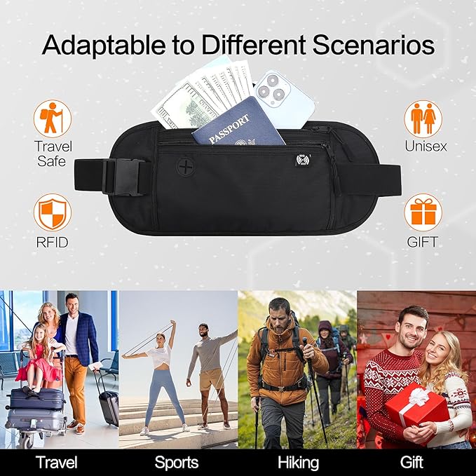 TRAVELSAFE Slim RFID Blocking Money Belt for Travel - Anti-Theft Hidden Passport Holder Waist Wallet with Secure Pouch for Cash, Credit Cards & Phone Safe (B-Black)
