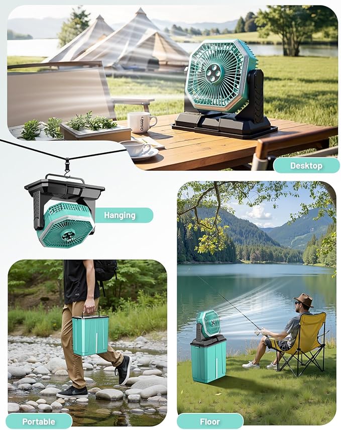 Allsion Rechargeable Misting Fan, 24000mAh Camping Misting Fan with 8L Water Bucket, 3-Speed Outdoor Cooling Fan with LED Lights, 120°Oscillation for Camping, Backyard, Patio, Outdoor, Blue-Green