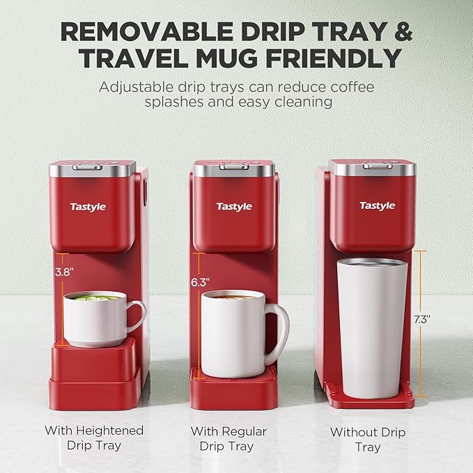 Tastyle Single Serve Coffee Maker with Built-in Detachable Milk Frother, Iced and Hot Coffee Machine for K Cup & Grounds, 40oz Removable Water Reservoir, 6 Cup Sizes, Fits 7.3" Travel Mug, Red
