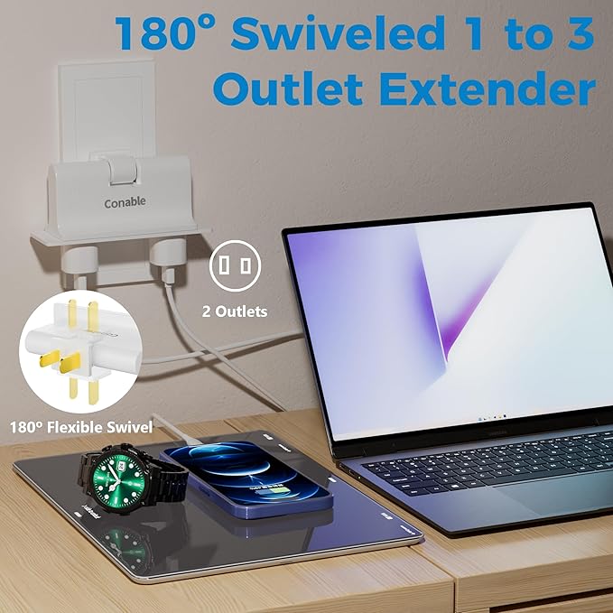 3 Outlets 2 Prong Polarized Lateral Swivel Wall Tap Adapter, 180 Degree Swivel Wall Tap, 2-Prong to 2-Prong Triple Outlet Converter, Wall Tap, Travel Essentials, Polarized, ETL Listed, 1 Pack