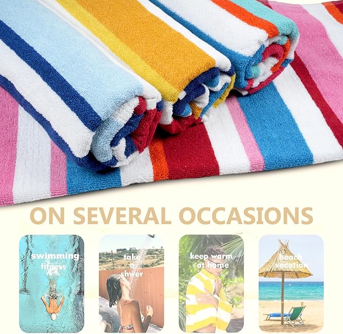 Casa Copenhagen Bora Bora Towels 4Pcs Teal, Pink, Red, Yellow Designer Stripe Beach Towels Gift Set, 30"x 60" Oversized 100% Cotton Pool Towels, Bath Towels for Beach (Summer Gift Set For Women & Men)