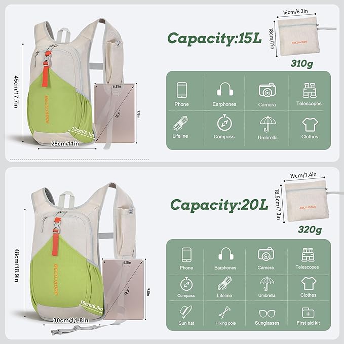 BECOJADDE 20L Small Hiking Backpack for Men Women Foldable Packable Back Pack Ultralight Hiking Daypack for Travel Camping Outdoor, Beige Green
